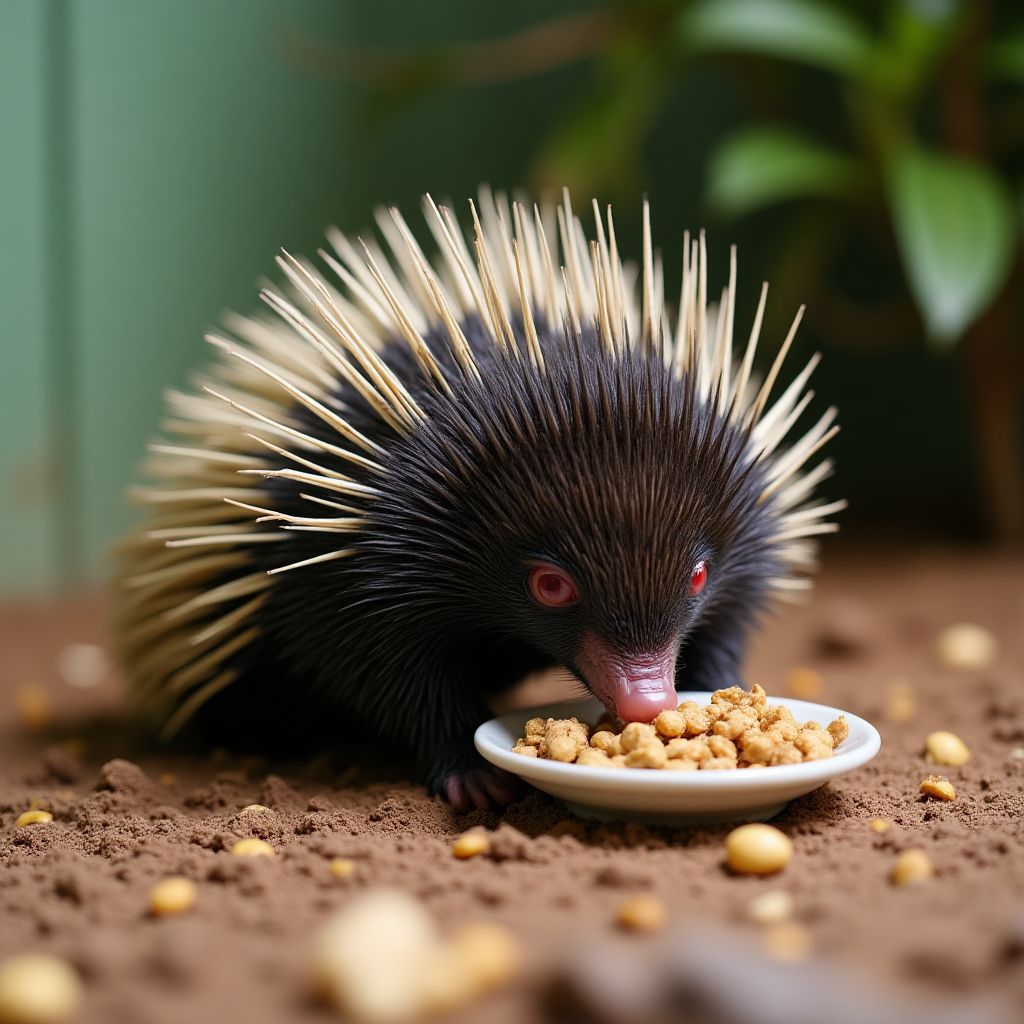 An echidna in a safe enclosure eating from a bowl.