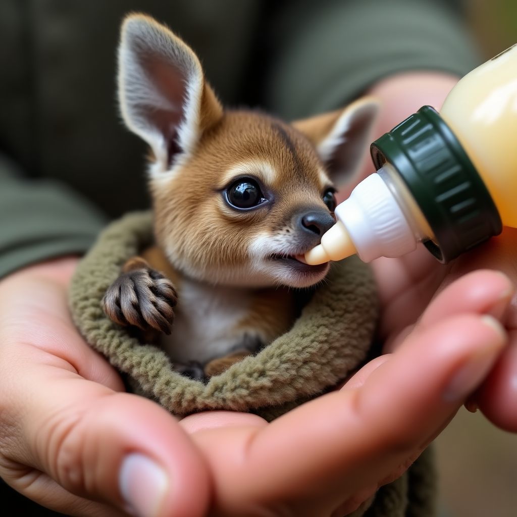 A small kangaroo joey being fed from a bottle.