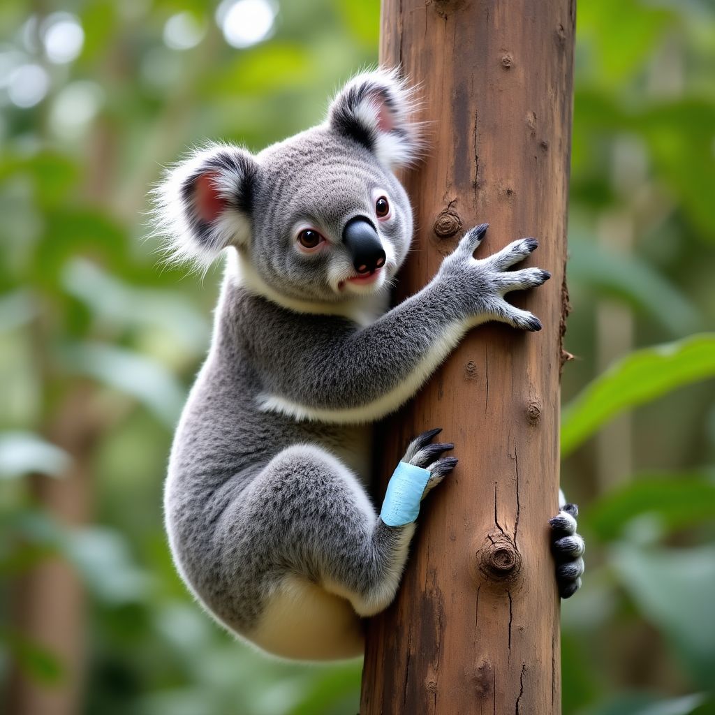 A koala with bandaged paws climbing a eucalyptus tree.