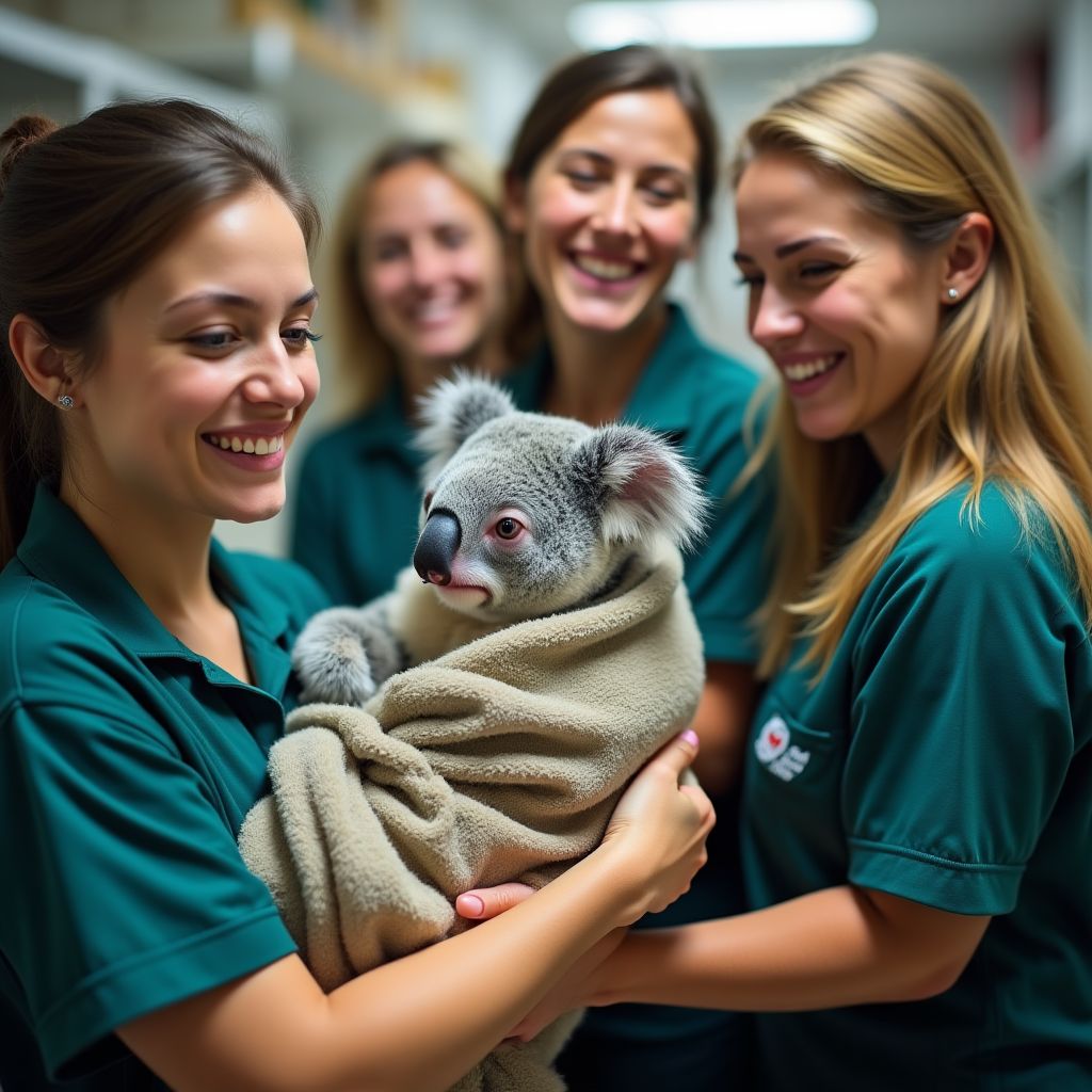 A team of wildlife rescuers carefully tending to a koala.